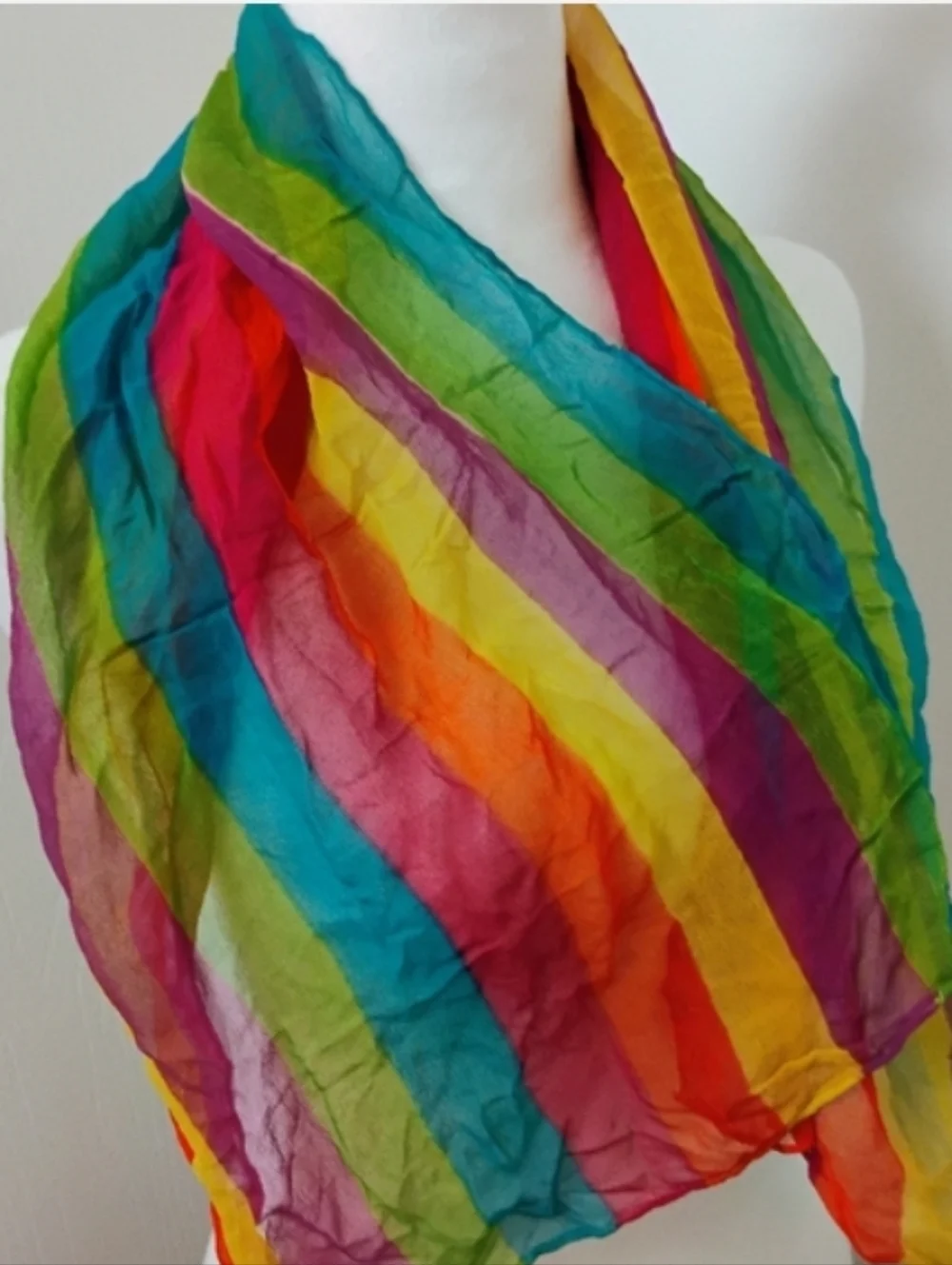 Vintage 1970s Technicolor Striped Rainbow Scarf Silk OS